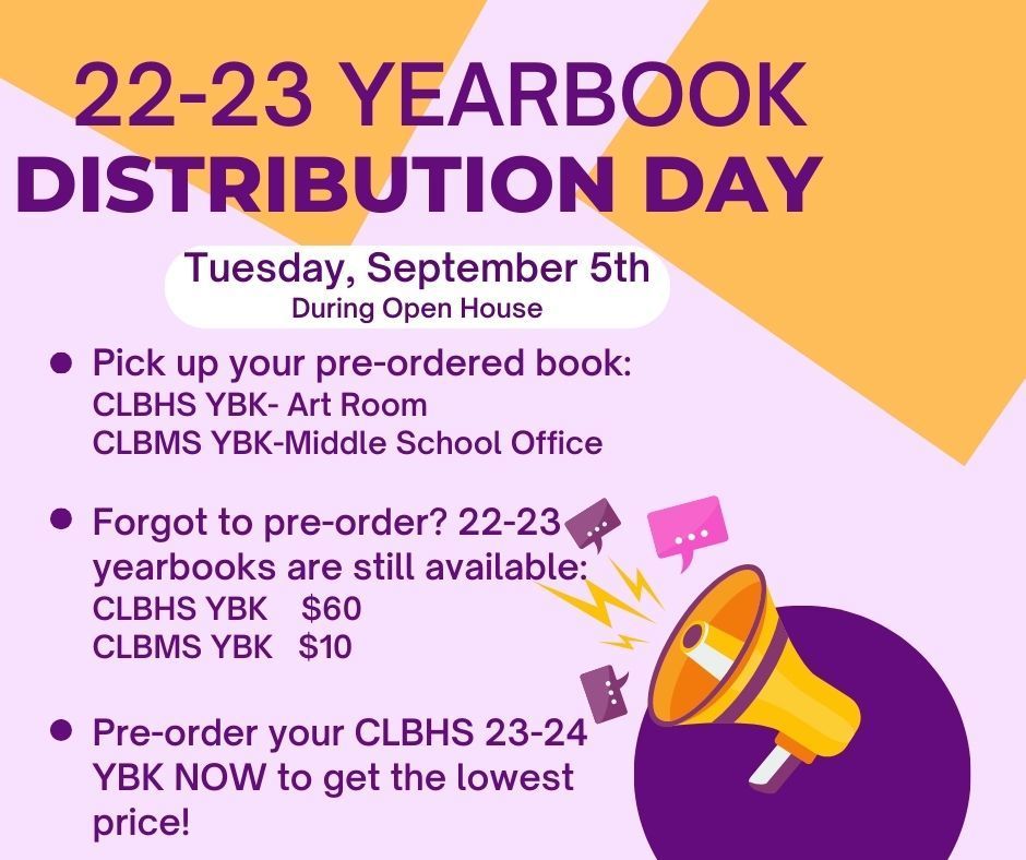 22-23 Yearbook Distribution Day. Tuesday, September 5th during open house. Pick up your pre-ordered book. High school yearbook from the Art Room and the Middle School Yearbook from the Middle School Office. Forgot to pre-order? 22-23 yearbooks are still available: high school yearbooks are $60 and Middle School Yearbooks are $10. Pre-order your High School 23-24 yearbook now to get the lowest price!